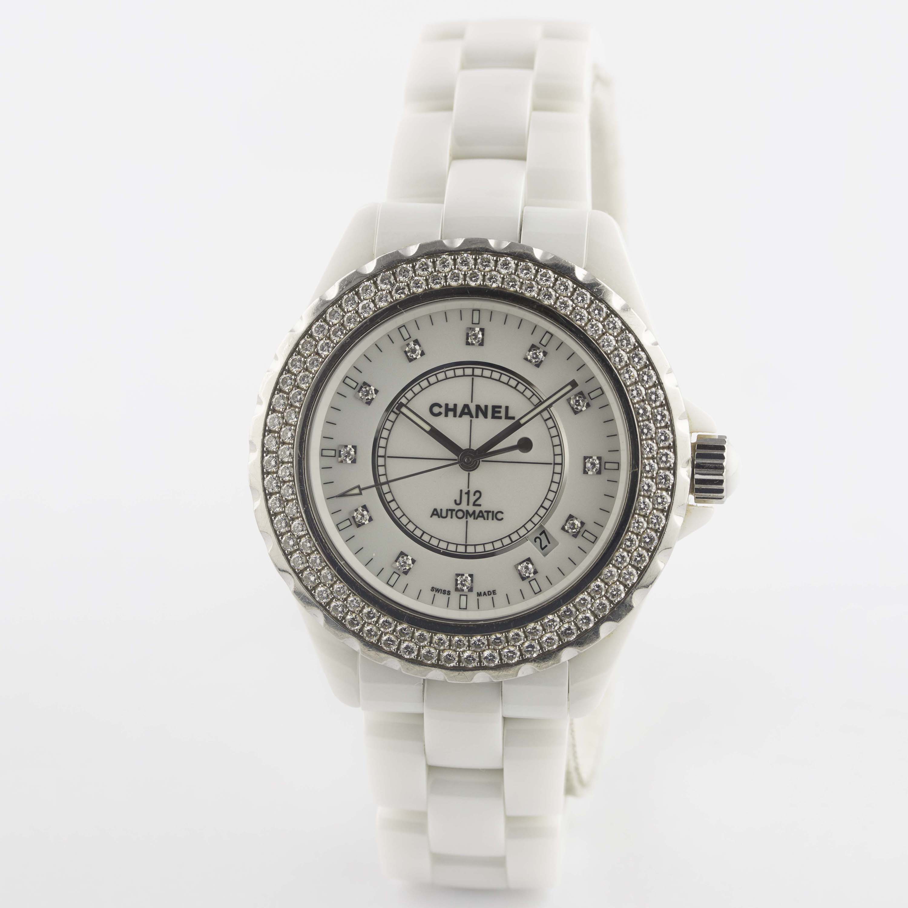 A FULL SIZE WHITE CERAMIC & DIAMOND CHANEL J12 AUTOMATIC BRACELET WATCH CIRCA 2015, REF. H2013 - Image 2 of 9