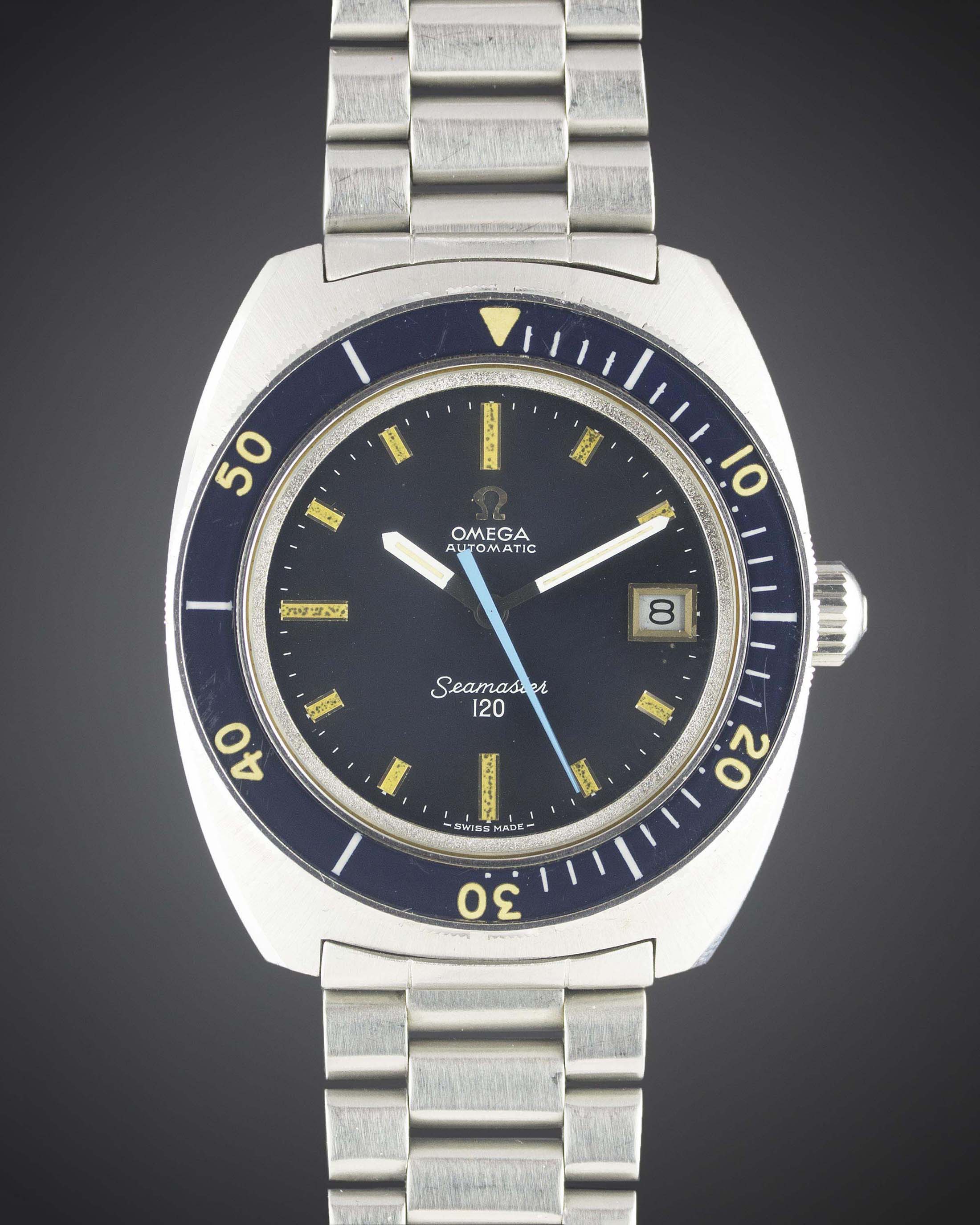 A RARE GENTLEMAN'S STAINLESS STEEL OMEGA SEAMASTER 120 BRACELET WATCH CIRCA 1973, REF. 166.088 WITH