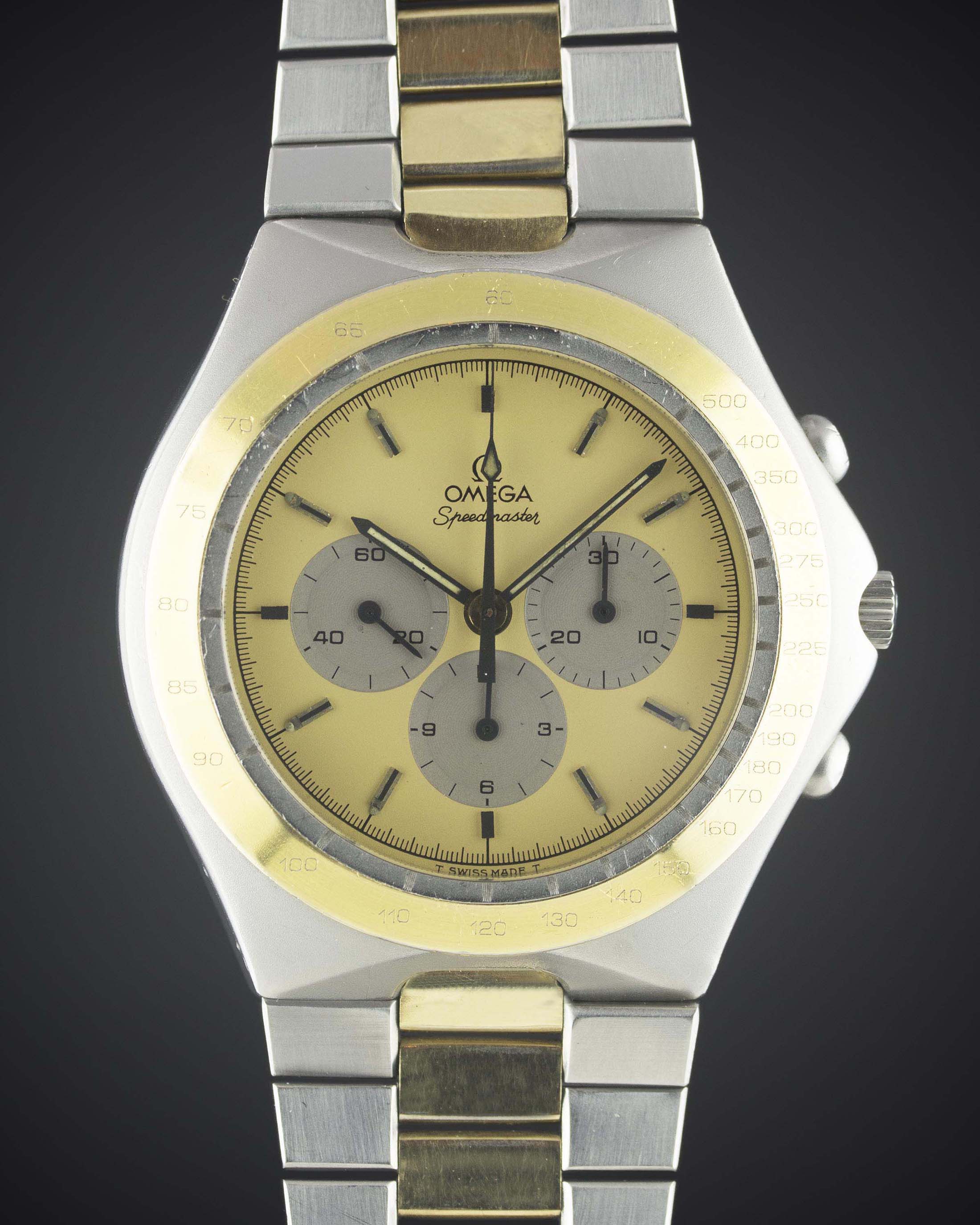 A GENTLEMAN'S STEEL & GOLD PLATED OMEGA SPEEDMASTER "TEUTONIC" CHRONOGRAPH BRACELET WATCH CIRCA