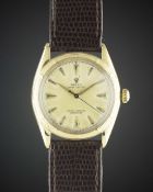 A GENTLEMAN'S 18K SOLID GOLD ROLEX OYSTER PERPETUAL WRIST WATCH CIRCA 1952, REF. 6085 WITH NON-ROLEX