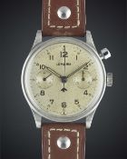 A GENTLEMAN'S STAINLESS STEEL BRITISH MILITARY LEMANIA SINGLE BUTTON ROYAL NAVY CHRONOGRAPH WRIST