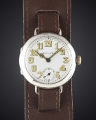 A GENTLEMAN'S SOLID SILVER ROLEX OFFICERS WRIST WATCH CIRCA 1918, WITH ENAMEL DIAL & CATHEDRAL HANDS