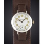 A GENTLEMAN'S SOLID SILVER ROLEX OFFICERS WRIST WATCH CIRCA 1918, WITH ENAMEL DIAL & CATHEDRAL HANDS