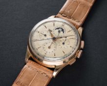 A RARE GENTLEMAN'S LARGE SIZE 18K SOLID PINK GOLD UNIVERSAL GENEVE TRI COMPAX MOONPHASE TRIPLE