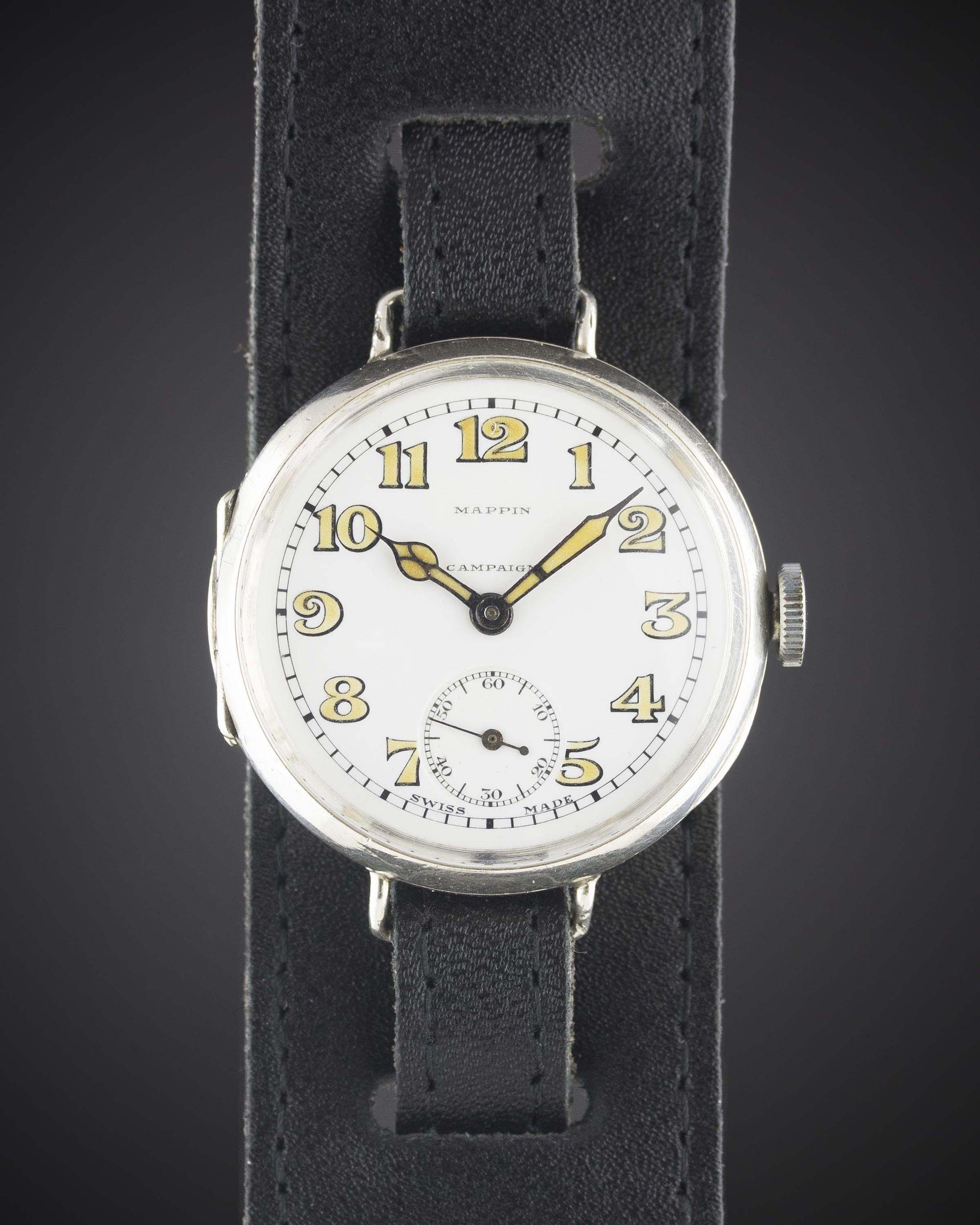 A GENTLEMAN'S SOLID SILVER LONGINES MAPPIN "CAMPAIGN" OFFICERS WRIST WATCH CIRCA 1918, ENAMEL DIAL