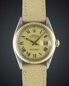 A GENTLEMAN'S STEEL & GOLD ROLEX OYSTER PERPETUAL DATEJUST WRIST WATCH CIRCA 1977, REF. 1601 WITH