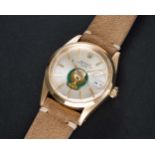 A FINE & RARE GENTLEMAN'S 18K SOLID YELLOW GOLD ROLEX OYSTER PERPETUAL DATE WRIST WATCH CIRCA