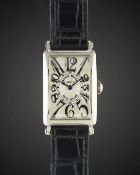 A LADIES 18K SOLID WHITE GOLD FRANCK MULLER LONG ISLAND WRIST WATCH DATED 2005, REF. 902 QZ WITH