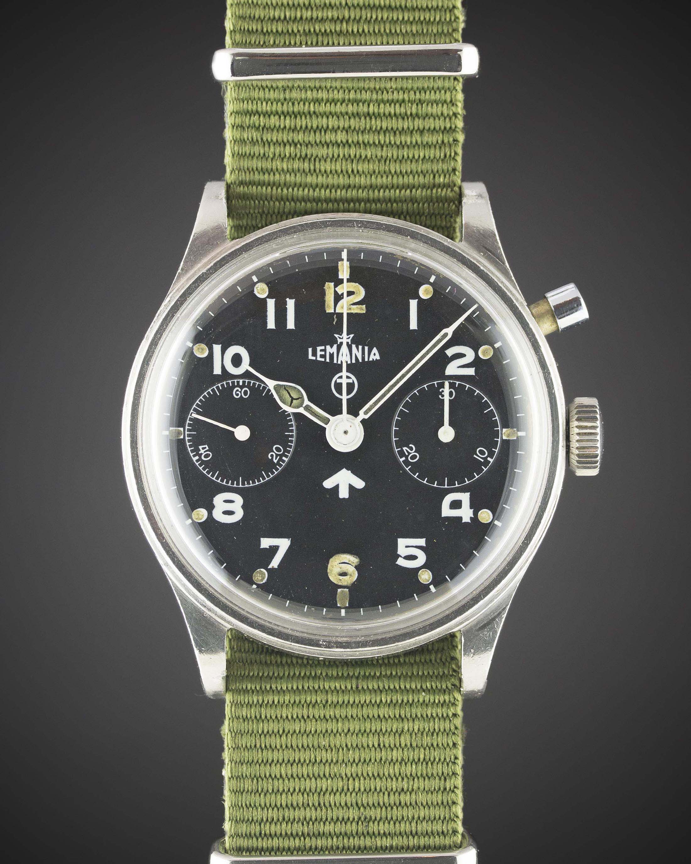 A GENTLEMAN'S STAINLESS STEEL BRITISH MILITARY LEMANIA SINGLE BUTTON ROYAL NAVY CHRONOGRAPH WRIST