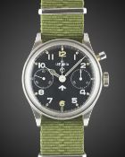 A GENTLEMAN'S STAINLESS STEEL BRITISH MILITARY LEMANIA SINGLE BUTTON ROYAL NAVY CHRONOGRAPH WRIST