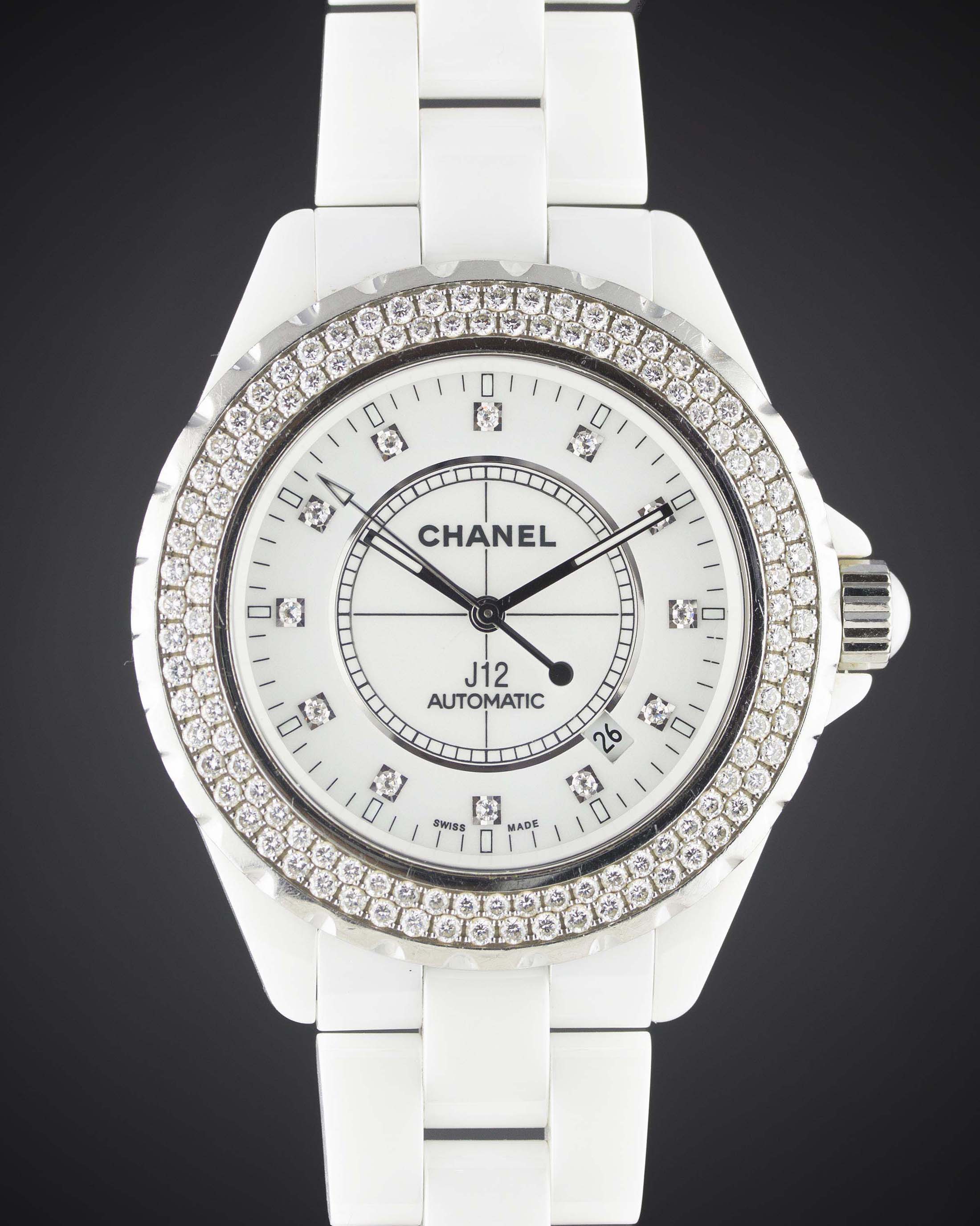 A FULL SIZE WHITE CERAMIC & DIAMOND CHANEL J12 AUTOMATIC BRACELET WATCH CIRCA 2015, REF. H2013