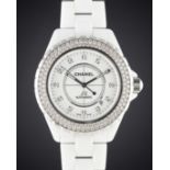 A FULL SIZE WHITE CERAMIC & DIAMOND CHANEL J12 AUTOMATIC BRACELET WATCH CIRCA 2015, REF. H2013