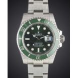 A GENTLEMAN'S STAINLESS STEEL ROLEX OYSTER PERPETUAL DATE SUBMARINER "HULK" BRACELET WATCH DATED