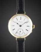 A GENTLEMAN'S 9CT SOLID GOLD LONGINES OFFICERS WRIST WATCH CIRCA 1920, ENAMEL DIAL WITH ROMAN