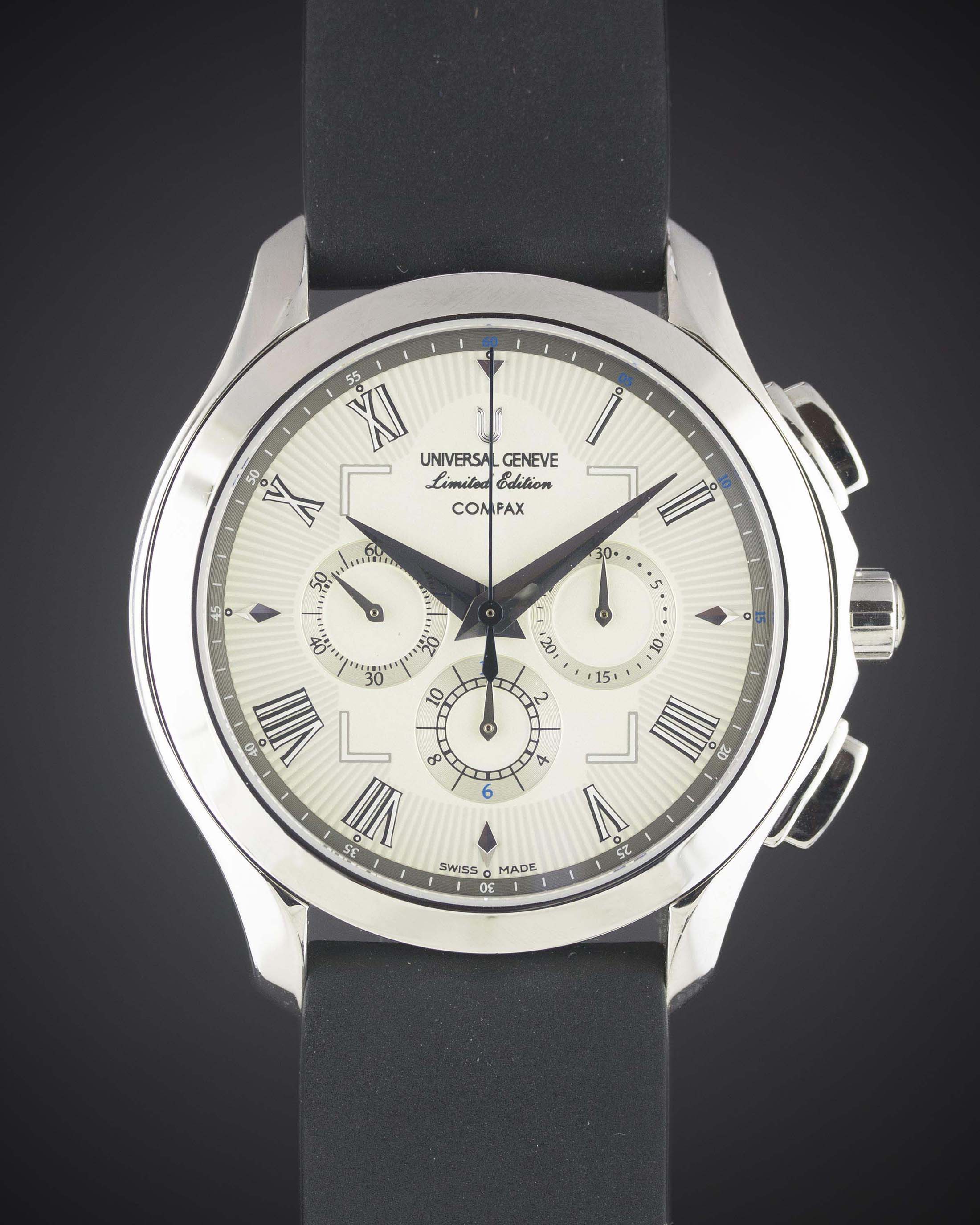 A RARE GENTLEMAN'S STAINLESS STEEL UNIVERSAL GENEVE LIMITED EDITION COMPAX CHRONOGRAPH WRIST WATCH