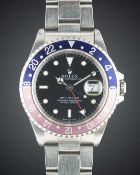 A GENTLEMAN'S STAINLESS STEEL ROLEX OYSTER PERPETUAL DATE GMT MASTER BRACELET WATCH CIRCA 1994, REF.