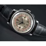 A RARE GENTLEMAN'S LARGE SIZE STAINLESS STEEL ETERNA CHRONOGRAPH WRIST WATCH CIRCA 1940s, WITH TWO