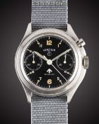 A GENTLEMAN'S STAINLESS STEEL BRITISH MILITARY LEMANIA SINGLE BUTTON ROYAL NAVY CHRONOGRAPH WRIST