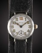 A GENTLEMAN'S SOLID SILVER ROLEX OFFICERS WRIST WATCH CIRCA 1918, WITH ENAMEL DIAL & CATHEDRAL HANDS