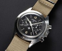 A RARE GENTLEMAN'S STAINLESS STEEL BRITISH MILITARY ROYAL NAVY LEMANIA "DOUBLE BUTTON" CHRONOGRAPH