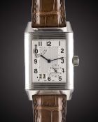 A GENTLEMAN'S STAINLESS STEEL JAEGER LECOULTRE REVERSO GRANDE DATE POWER RESERVE WRIST WATCH CIRCA