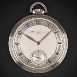 A RARE STAINLESS STEEL & ROSE GOLD PATEK PHILIPPE POCKET WATCH CIRCA 1930s, TWO TONE SILVER DIAL