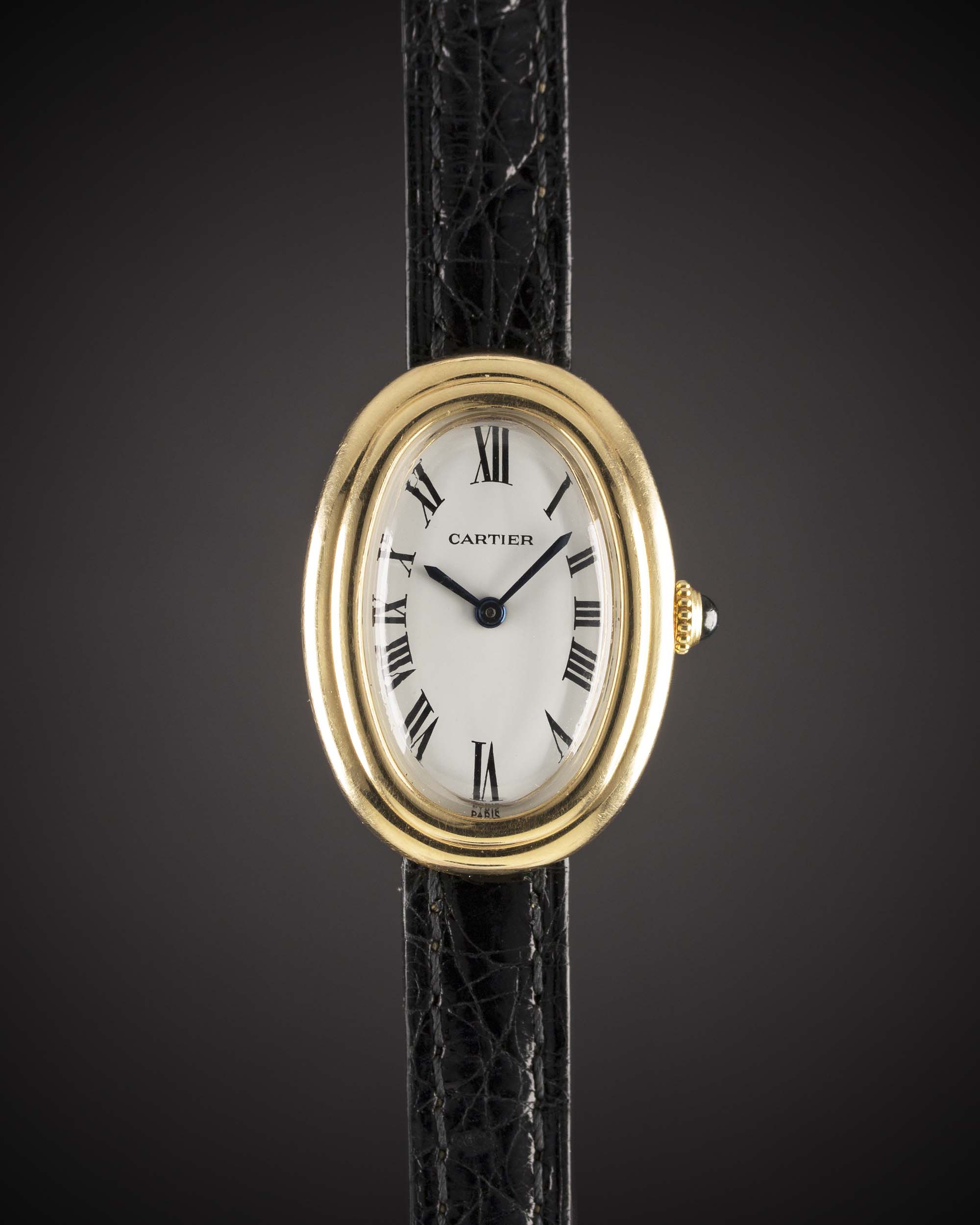 A LADIES 18K SOLID GOLD CARTIER BAIGNOIRE WRIST WATCH CIRCA 1980s Movement: Manual wind, signed