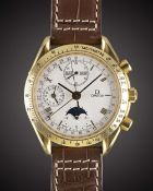 A RARE GENTLEMAN'S 18K SOLID GOLD OMEGA SPEEDMASTER TRIPLE CALENDAR MOONPHASE AUTOMATIC