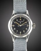 A GENTLEMAN'S STAINLESS STEEL BRITISH MILITARY JAEGER LECOULTRE MARK 11 RAF PILOTS WRIST WATCH DATED