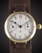 A GENTLEMAN'S LARGE SIZE NICKEL CASED SINGLE BUTTON PILOTS CHRONOGRAPH WRIST WATCH CIRCA 1920s, WITH