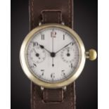 A GENTLEMAN'S LARGE SIZE NICKEL CASED SINGLE BUTTON PILOTS CHRONOGRAPH WRIST WATCH CIRCA 1920s, WITH