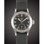 A GENTLEMAN'S STAINLESS STEEL BRITISH MILITARY OMEGA W.W.W. WRIST WATCH CIRCA 1940s, PART OF THE "