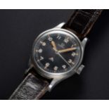 A RARE GENTLEMAN'S STAINLESS STEEL BRITISH MILITARY OMEGA RAF PILOTS WRIST WATCH DATED 1953, REF.