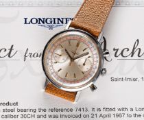 A VERY RARE GENTLEMAN'S STAINLESS STEEL LONGINES "WATERPROOF" FLYBACK CHRONOGRAPH WRIST WATCH