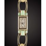 A RARE LADIES 14K SOLID GOLD & JADE CARTIER BRACELET WATCH CIRCA 1940, MADE FOR THE AMERICAN MARKET