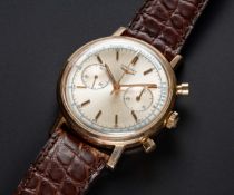 A RARE GENTLEMAN'S 18K ROSE GOLD LONGINES "WATERPROOF" FLYBACK CHRONOGRAPH WRIST WATCH CIRCA 1962,