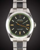 A GENTLEMAN'S STAINLESS STEEL ROLEX OYSTER PERPETUAL "GREEN GLASS" MILGAUSS BRACELET WATCH DATED