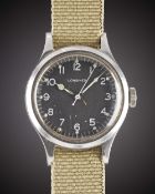 A GENTLEMAN'S STAINLESS STEEL BRITISH MILITARY LONGINES RAF PILOTS WRIST WATCH DATED 1956