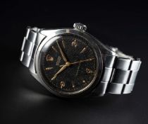 A RARE GENTLEMAN'S STAINLESS STEEL ROLEX OYSTER BRACELET WATCH CIRCA 1955, REF. 6480 WITH BLACK "3-