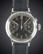 A RARE GENTLEMAN'S LARGE SIZE STAINLESS STEEL MINERVA SINGLE BUTTON PILOTS CHRONOGRAPH WRIST WATCH