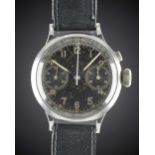 A RARE GENTLEMAN'S LARGE SIZE STAINLESS STEEL MINERVA SINGLE BUTTON PILOTS CHRONOGRAPH WRIST WATCH