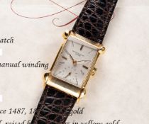 A RARE GENTLEMAN'S 18K SOLID YELLOW GOLD PATEK PHILIPPE RECTANGULAR WRIST WATCH DATED 1941, REF.