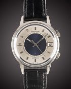 A GENTLEMAN'S STAINLESS STEEL JAEGER LECOULTRE MEMOVOX SPEED BEAT AUTOMATIC ALARM WRIST WATCH