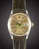 A RARE GENTLEMAN'S STEEL & GOLD ROLEX OYSTER PERPETUAL DATEJUST WRIST WATCH CIRCA 1983, REF. 16013