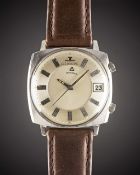 A GENTLEMAN'S STAINLESS STEEL LECOULTRE MEMODATE ALARM WRIST WATCH CIRCA 1960s Movement: Manual