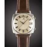 A GENTLEMAN'S STAINLESS STEEL LECOULTRE MEMODATE ALARM WRIST WATCH CIRCA 1960s Movement: Manual