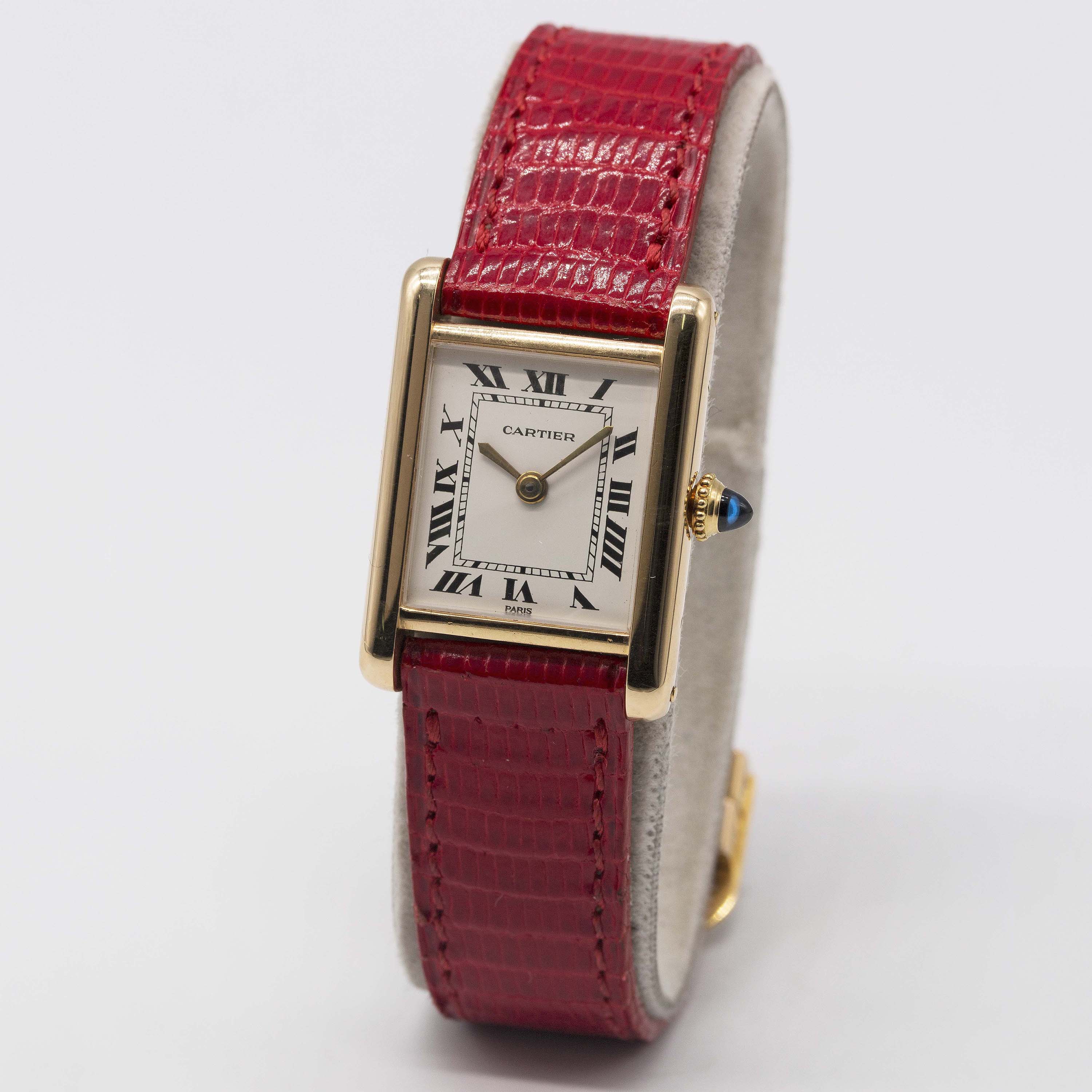 A LADIES 18K SOLID GOLD CARTIER TANK WRIST WATCH CIRCA 1980s Movement: Manual wind, signed - Image 3 of 12