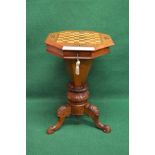 Victorian mahogany trumpet work box having inlaid chess board top lifting to reveal fitted interior