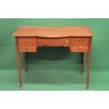 Edwardian mahogany cross banded writing desk having bow front over single central drawer flanked by