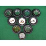 Ten tyre ashtrays to include: Firestone, Goodrich, Dunlop and Gislaved with glass,